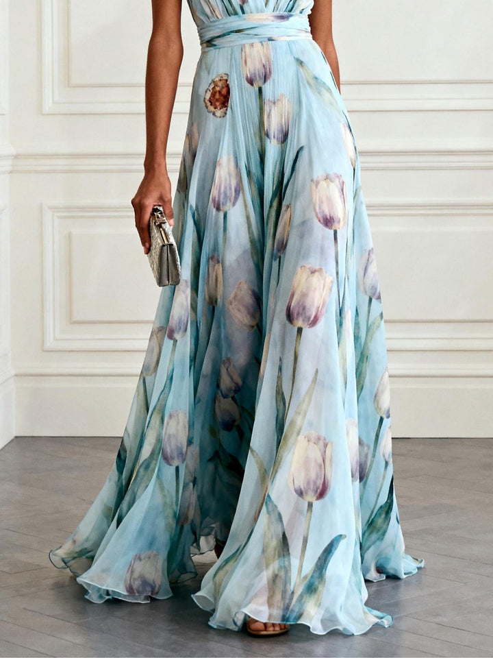 Nerea - Elegante Abito Lungo con Stampa a Tulipano e Scollo a V