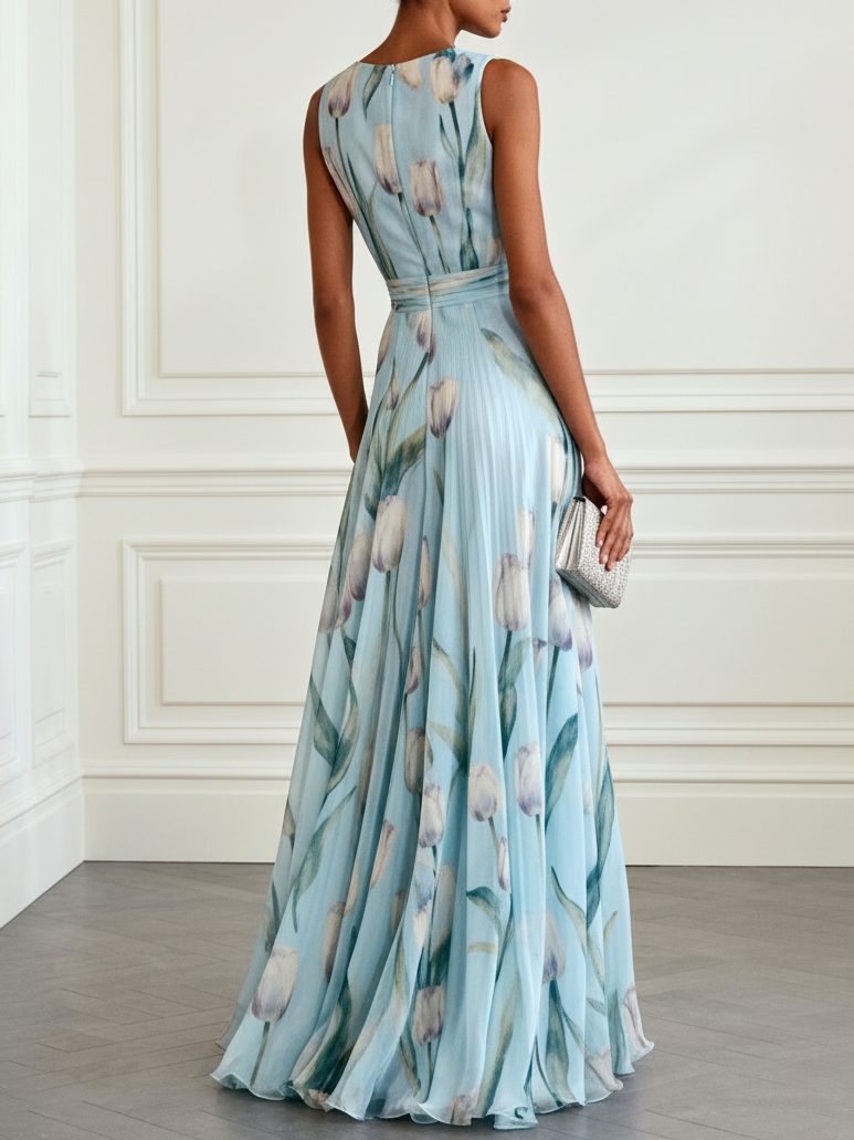 Nerea - Elegante Abito Lungo con Stampa a Tulipano e Scollo a V