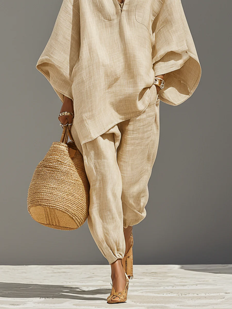 Caroline - Top et jogger asymétriques minimalistes kaki clair