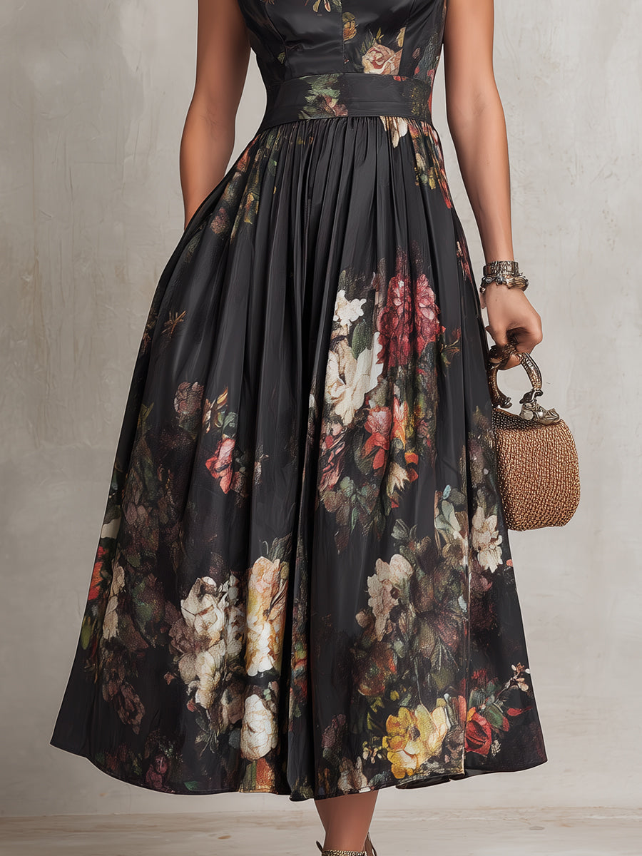 Rosie - Abito midi in raso nero a fiori con scollo a buco della serratura, colletto e pieghe