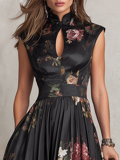 Rosie - Abito midi in raso nero a fiori con scollo a buco della serratura, colletto e pieghe