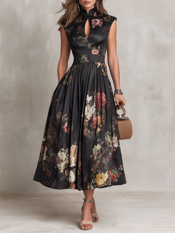 Rosie - Abito midi in raso nero a fiori con scollo a buco della serratura, colletto e pieghe