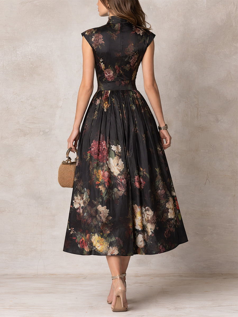 Rosie - Abito midi in raso nero a fiori con scollo a buco della serratura, colletto e pieghe