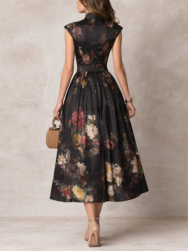 Rosie - Abito midi in raso nero a fiori con scollo a buco della serratura, colletto e pieghe