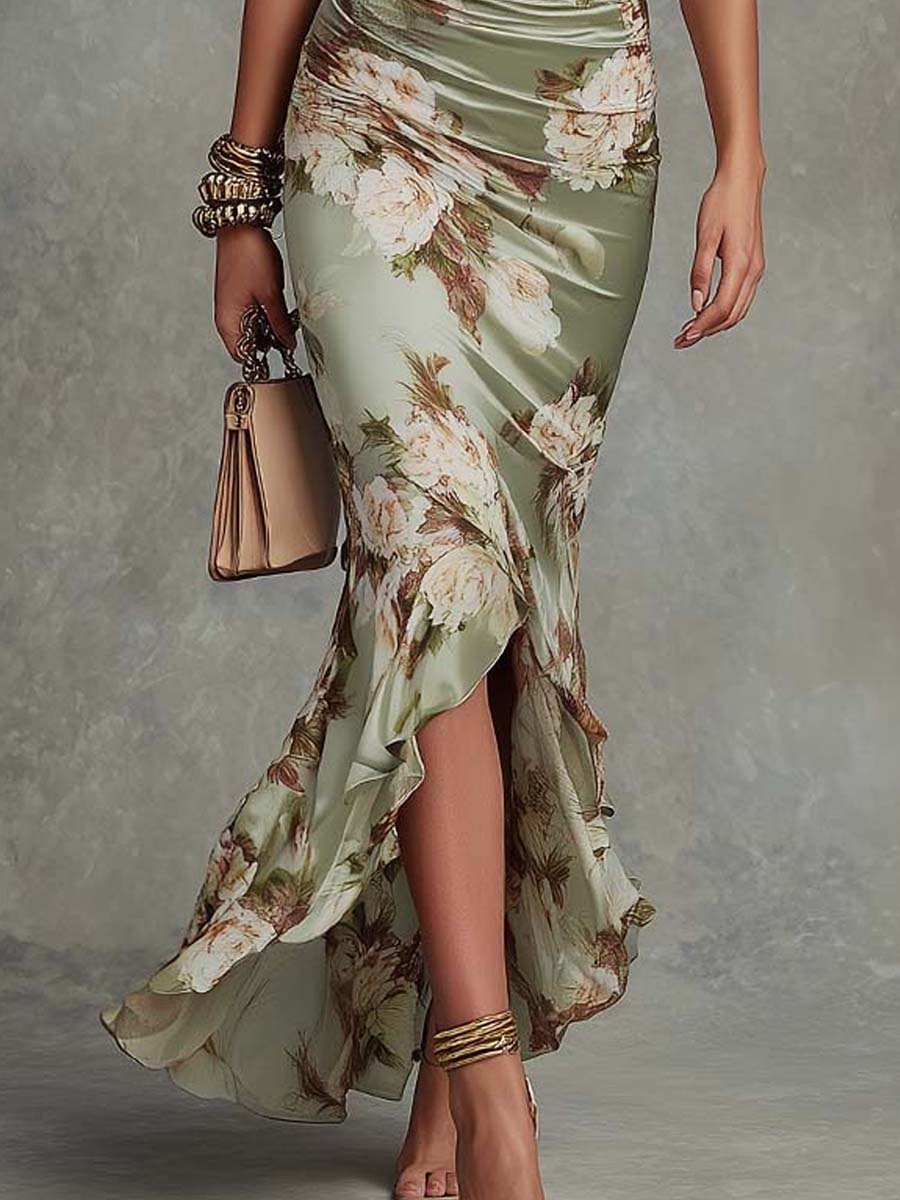 Anastasia | Robe longue asymétrique en satin vert