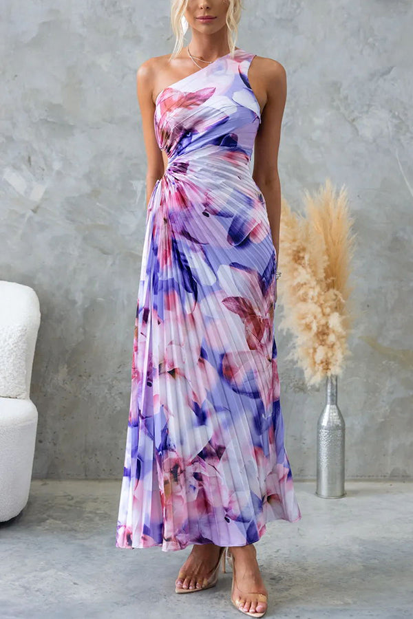Robe longue plissée asymétrique à imprimé floral Deja