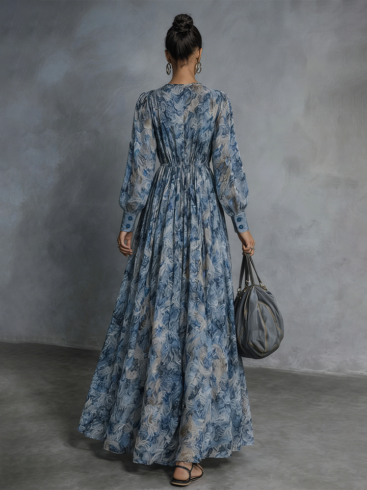 Grace – Robe longue en mousseline de soie à imprimé floral bleu style bohème