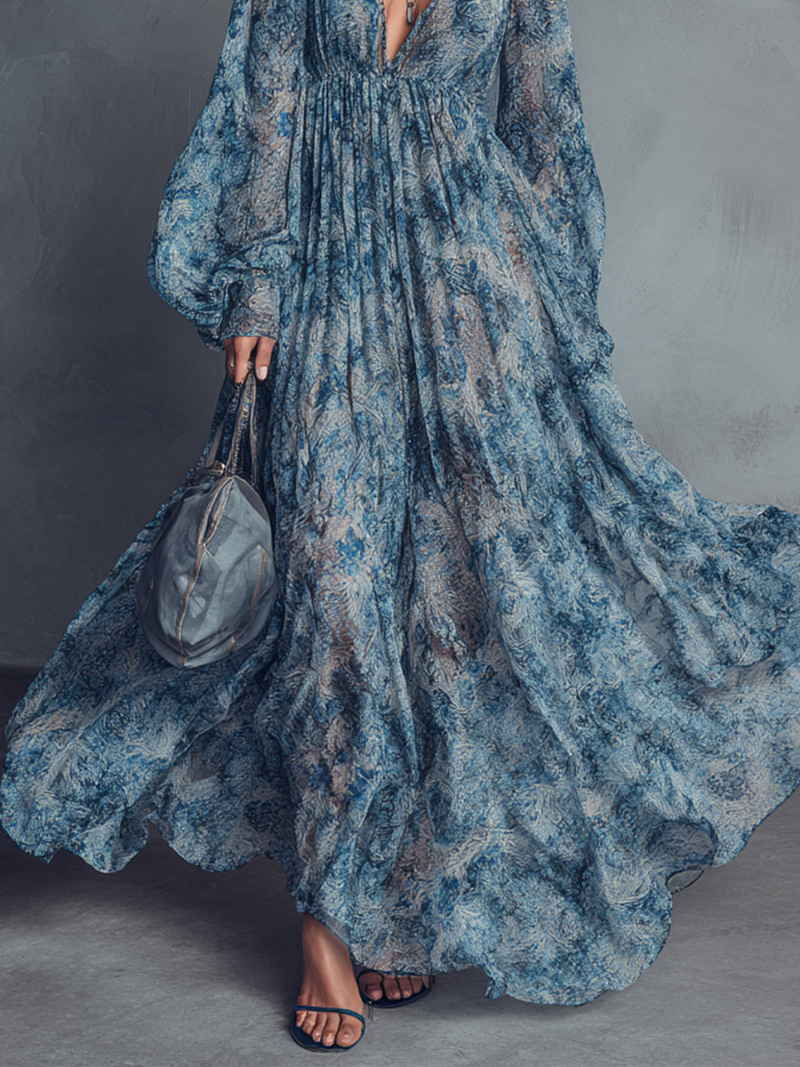 Grace – Robe longue en mousseline de soie à imprimé floral bleu style bohème