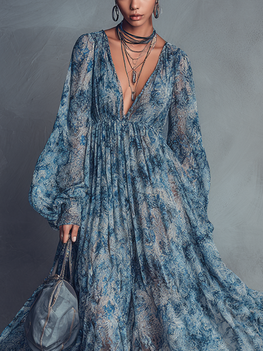 Grace – Robe longue en mousseline de soie à imprimé floral bleu style bohème