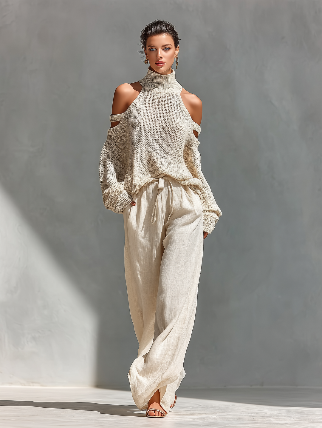 Thalia - Completo maglia dolcevita a spalle scoperte e pantaloni ampi beige