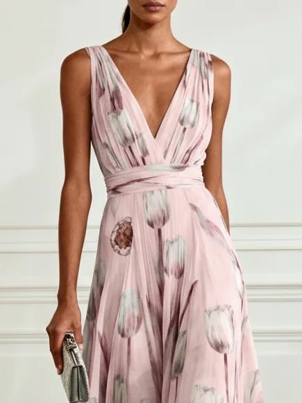 Nerea - Elegante Abito Lungo con Stampa a Tulipano e Scollo a V