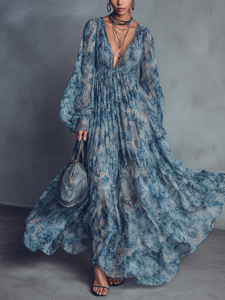 Grace – Robe longue en mousseline de soie à imprimé floral bleu style bohème
