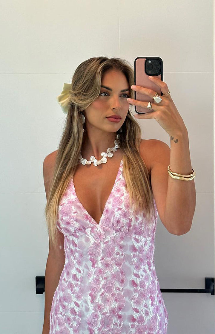 Farida - Abito lungo in pizzo rosa