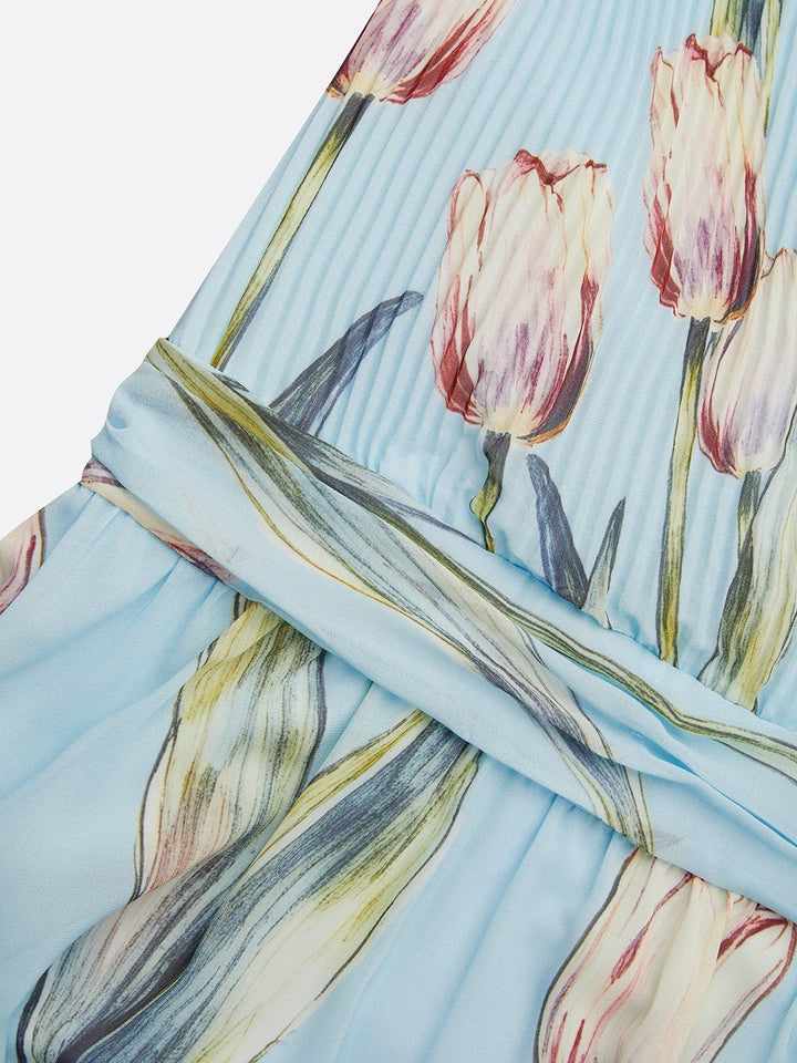 Nerea - Elegante Abito Lungo con Stampa a Tulipano e Scollo a V