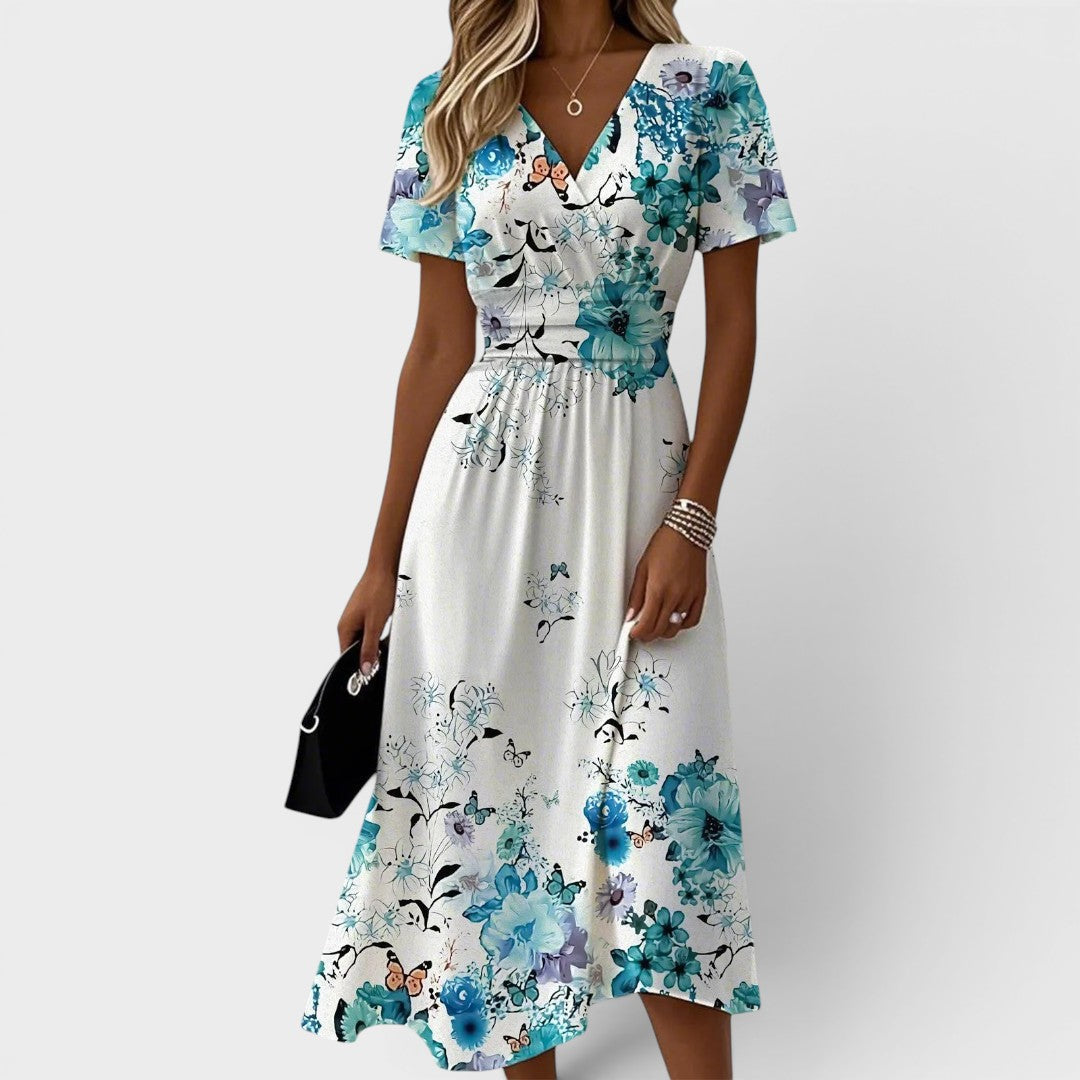 Seraphina | Robe midi bleue à fleurs avec manches volantées