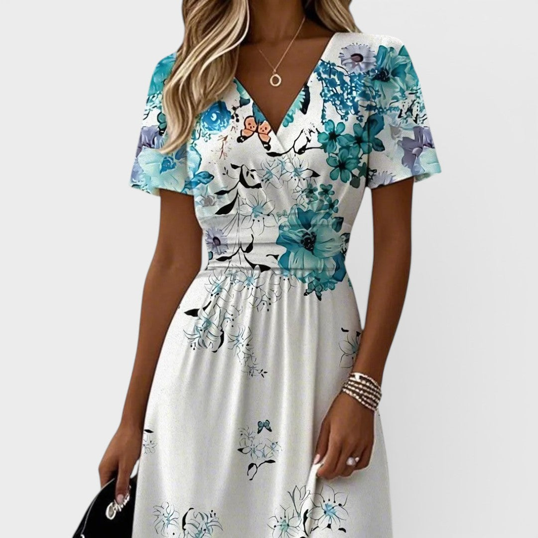 Seraphina | Robe midi bleue à fleurs avec manches volantées
