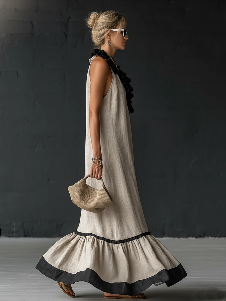 Célestine | Robe longue smockée à blocs de couleurs et à volants