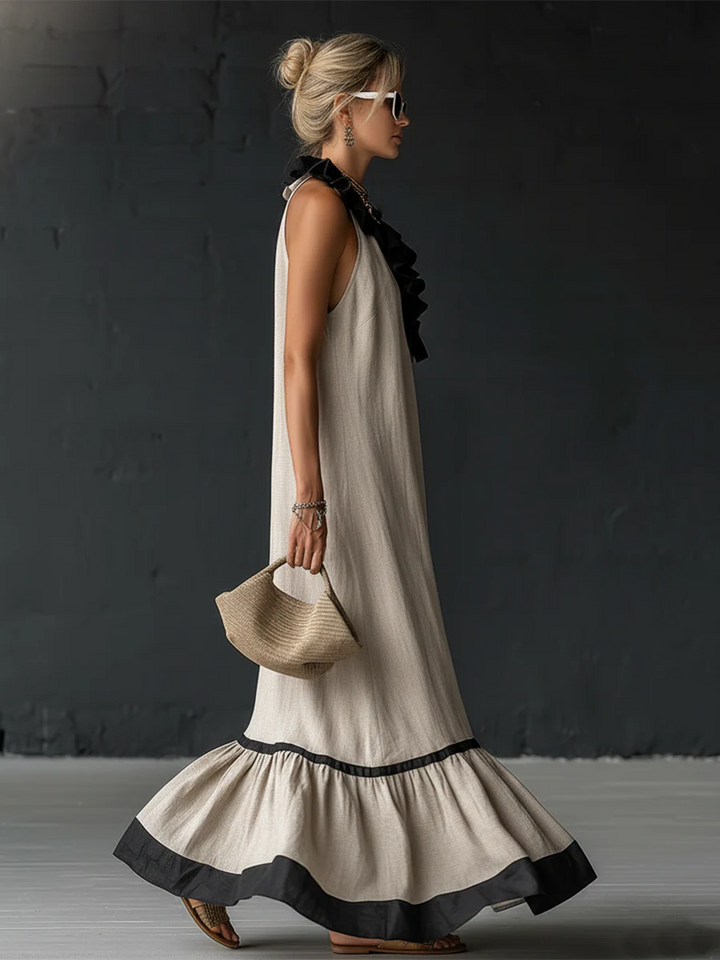 Célestine | Robe longue smockée à blocs de couleurs et à volants