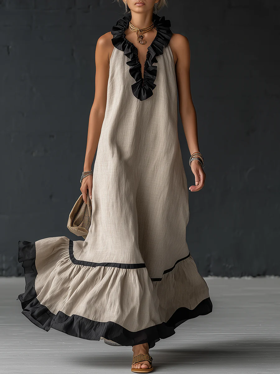 Célestine | Robe longue smockée à blocs de couleurs et à volants