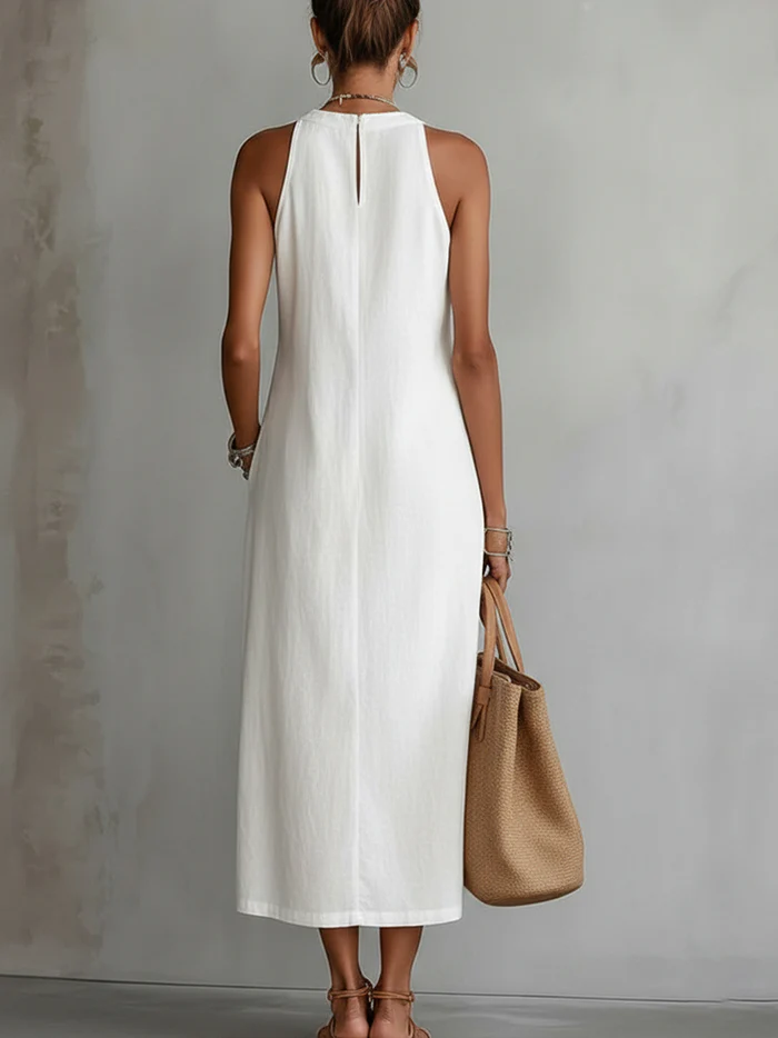 Jimena | Robe midi en lin à col montant