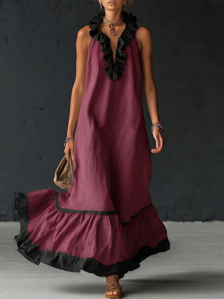 Célestine | Robe longue smockée à blocs de couleurs et à volants