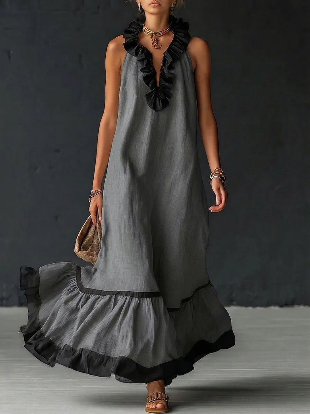 Célestine | Robe longue smockée à blocs de couleurs et à volants