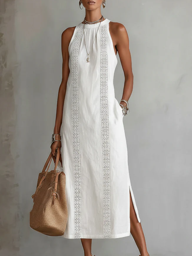 Jimena | Robe midi en lin à col montant