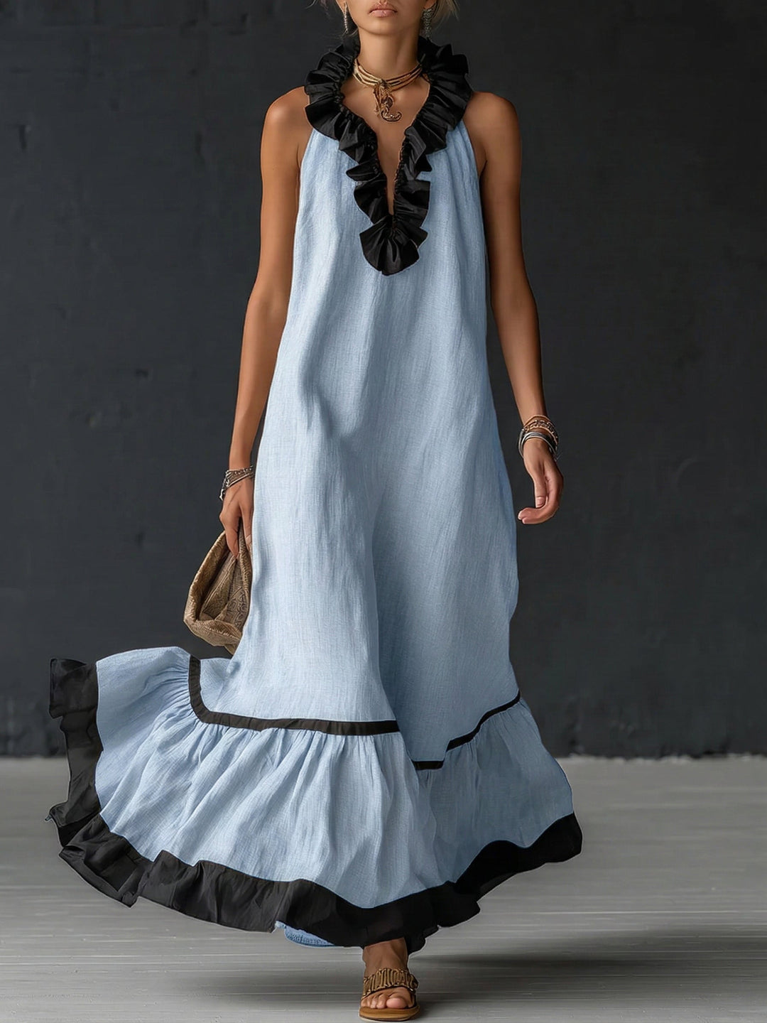 Célestine | Robe longue smockée à blocs de couleurs et à volants