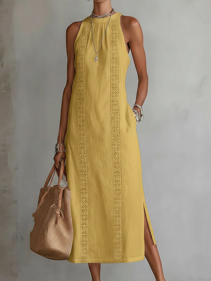 Jimena | Robe midi en lin à col montant