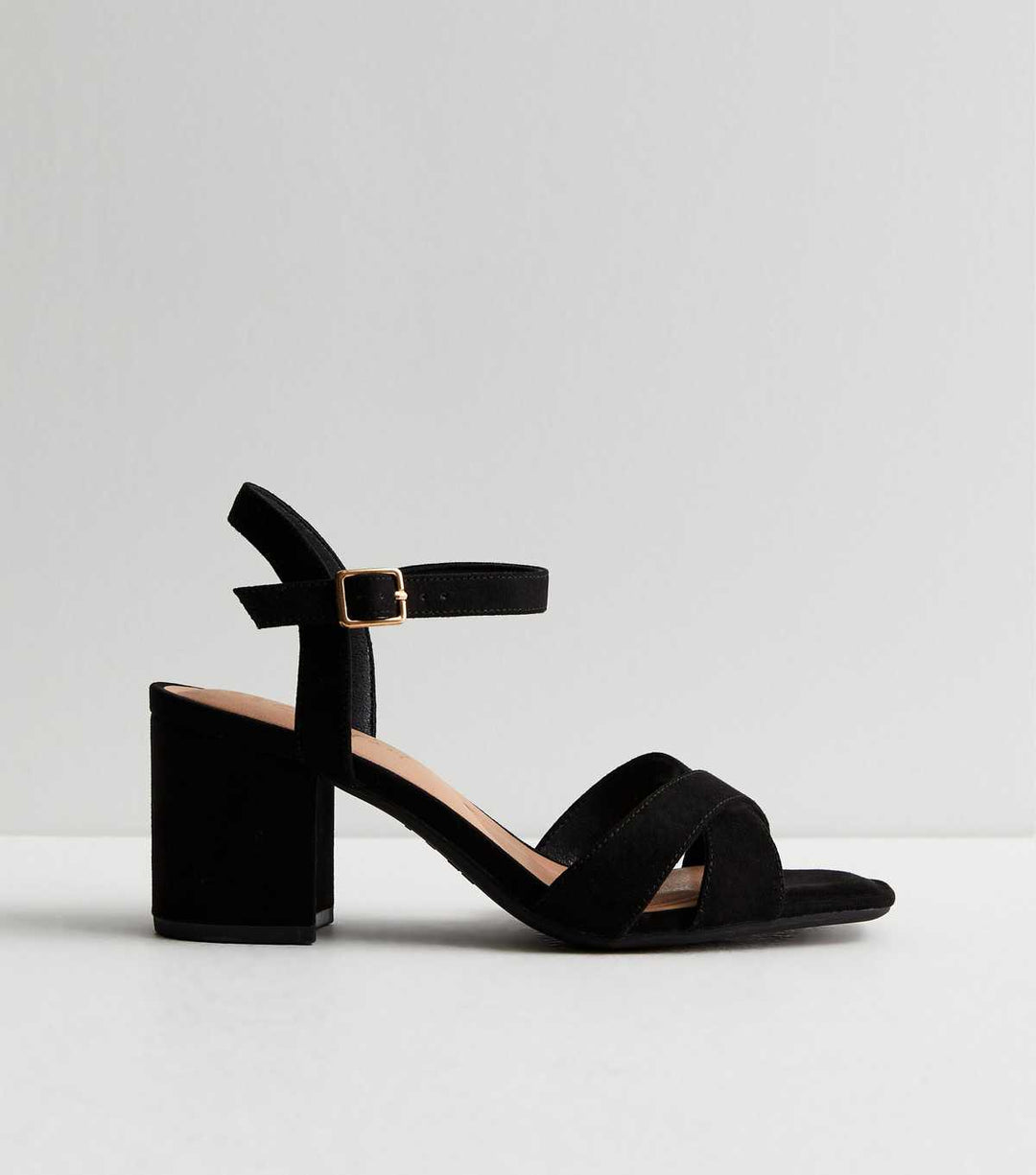 Sandales à talon carré en velours noir et coupe large en 2 parties | New Look